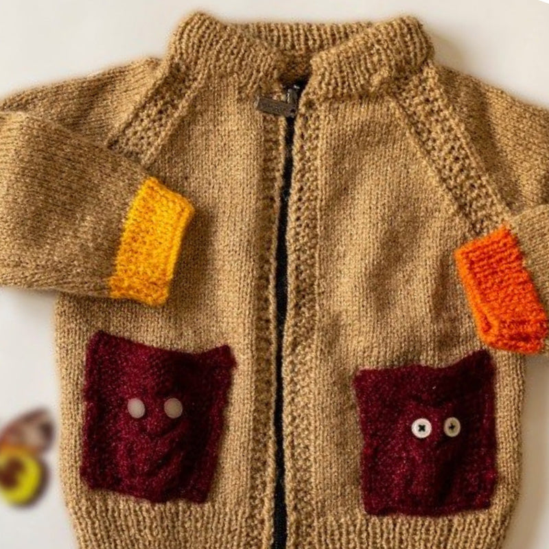 Hazelnut Brown Handknitted Woollen Front Zipper Pullover With Pockets  - thesaffronsaga
