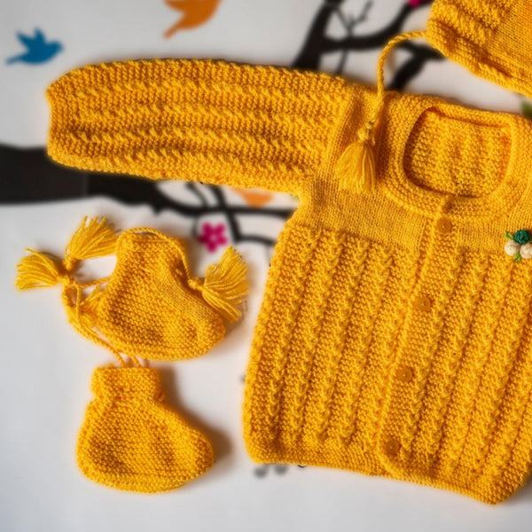 Yellow Handknitted Woollen Set for infants. The set includes a unisex sweater, cap and booties.  - thesaffronsaga
