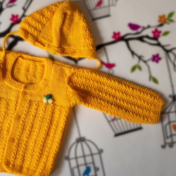 Yellow Handknitted Woollen Set for infants. The set includes a unisex sweater, cap and booties.  - thesaffronsaga