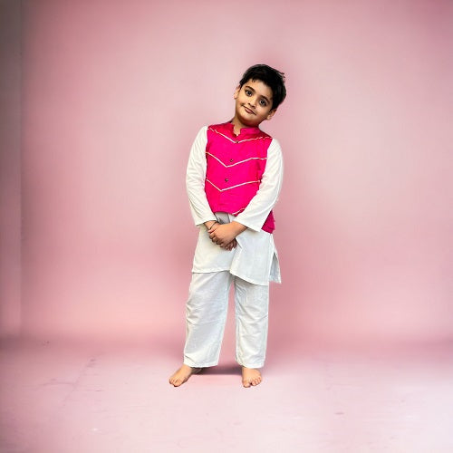 Fuchsia Pink & Off White Kurta Pyjama Boy’s Jacket Set