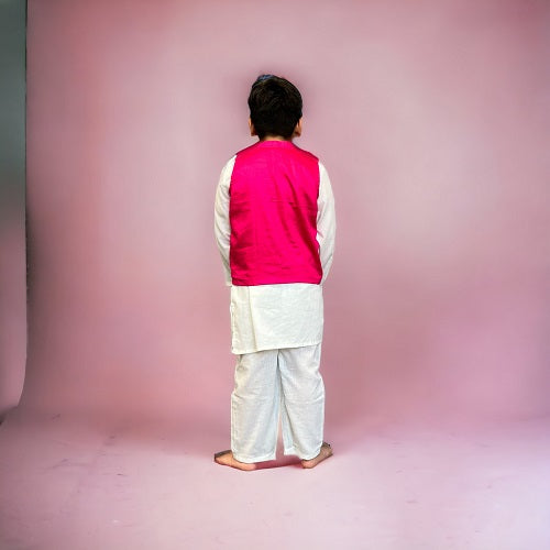 Fuchsia Pink & Off White Kurta Pyjama Boy’s Jacket Set