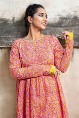 Padmaja-Pink Lotus Block Print Kurta With Yellow Salwar Flow Pant  - thesaffronsaga