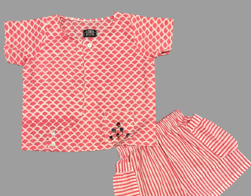 Pink scale and stripes Block Print Cotton  Unisex Co-ord Set