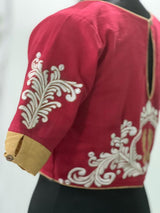 Red Golden Paa Dugga Alpona Embroidery Blouse  - thesaffronsaga