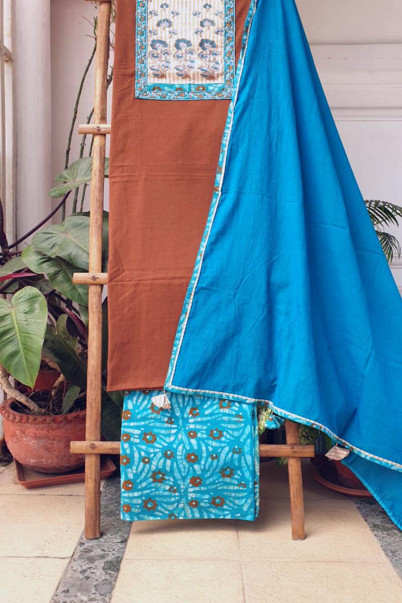 Chocolate Brown And Turquoise Unstitched Suit Set  - thesaffronsaga