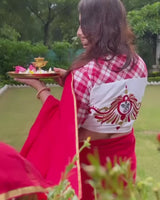 Red White Checks Durga Alpona Embroidery Blouse