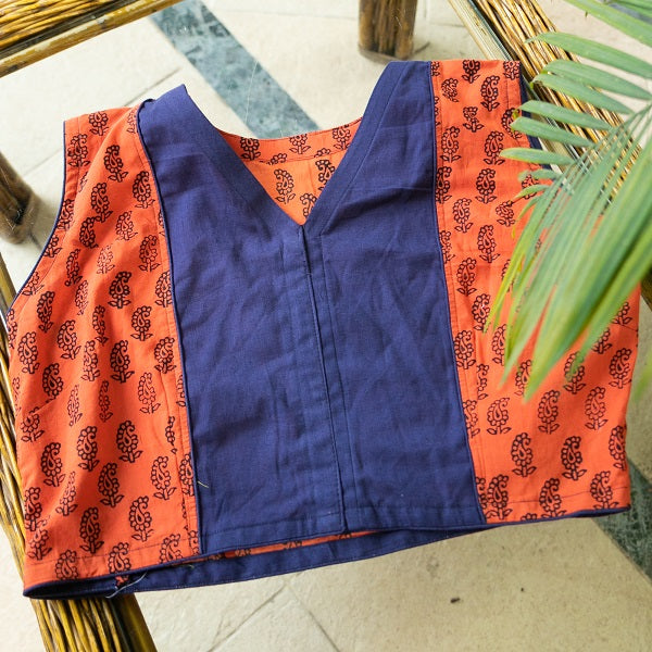 Rust Orange Blue Bagh Block Print Blouse  - thesaffronsaga