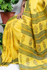 Surajmukhi-Yellow Linen Block Printed Saree  - thesaffronsaga