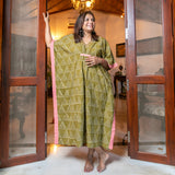 Green Hand Block Printed Cotton Kaftan  - thesaffronsaga