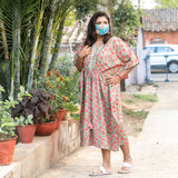 Green Floral Cotton Hand Block Printed Kaftan  - thesaffronsaga