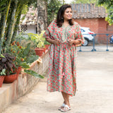 Green Floral Cotton Hand Block Printed Kaftan  - thesaffronsaga