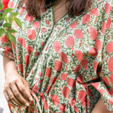 Green Floral Cotton Hand Block Printed Kaftan  - thesaffronsaga