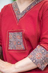 Red Cotton Kaftan Style Nighty  - thesaffronsaga
