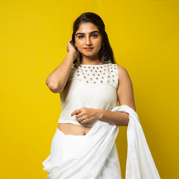 Off White Linen Hand Embroidered Blouse  - thesaffronsaga