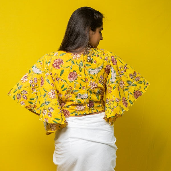 Yellow Floral Bell Sleeves Blouse  - thesaffronsaga