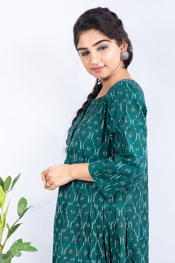 Harita- Pine Green Ikkat Dress  - thesaffronsaga
