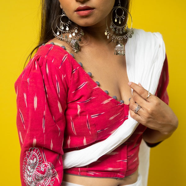 Rani Pink  Ikkat Hand Embroidered Cotton Blouse  - thesaffronsaga