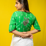 Green Ikkat Hand Embroidered Cotton Blouse  - thesaffronsaga