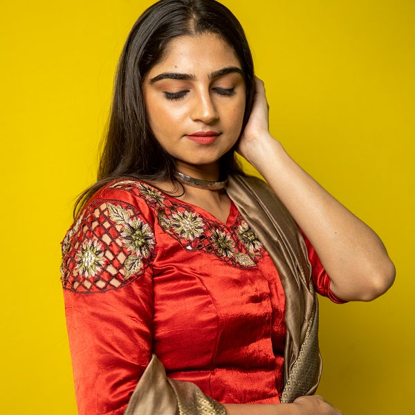 Cocktail Red Embroidered Silk Blouse  - thesaffronsaga