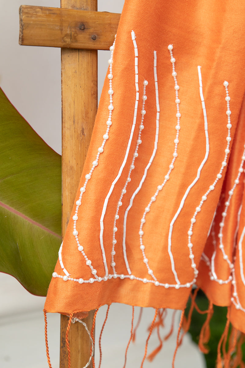 Rust Orange Silk Wool Hand Embroidered Stole  - thesaffronsaga