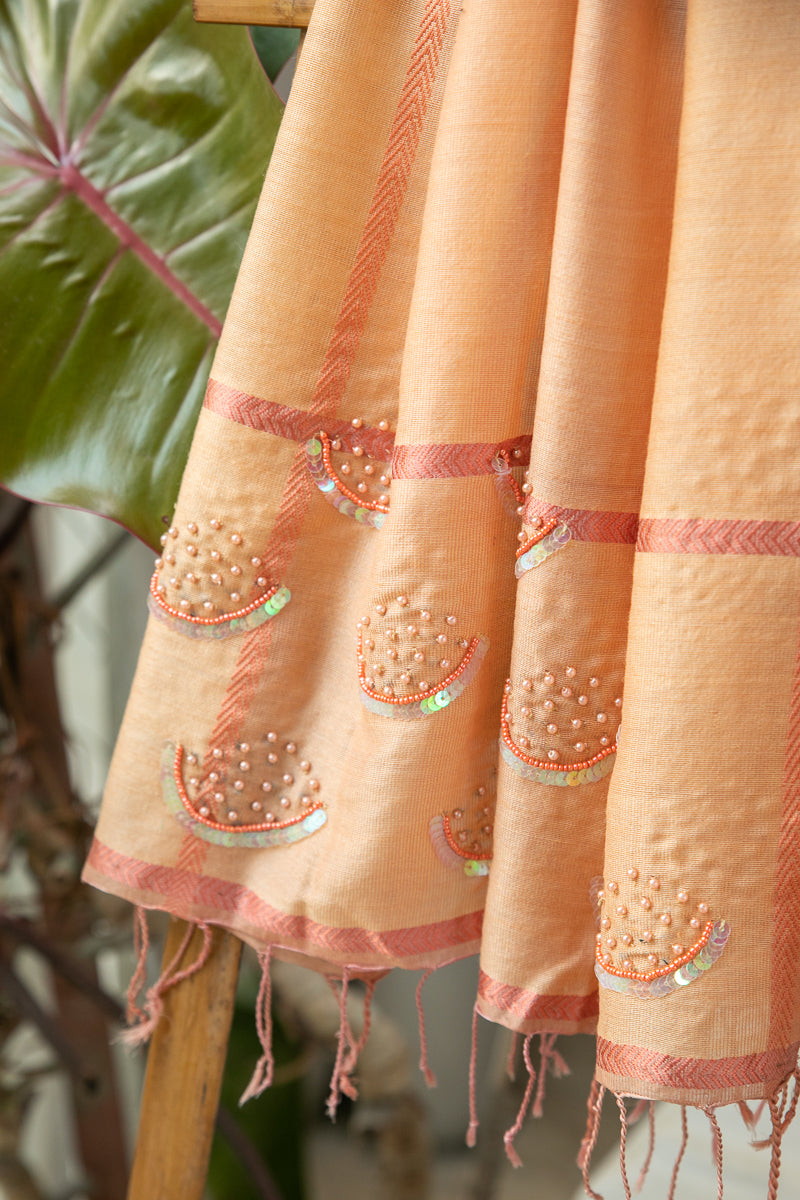 Peach Silk Wool Hand Embroidered Stole  - thesaffronsaga