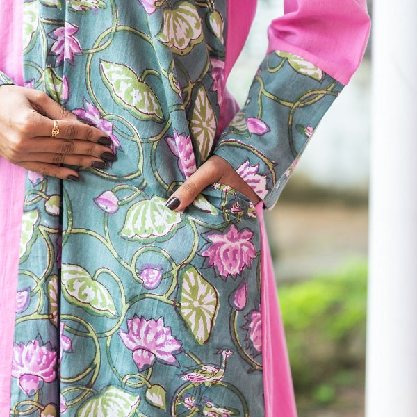 Lavender Asymmetric Lotus Block Print Lounge Dress  - thesaffronsaga