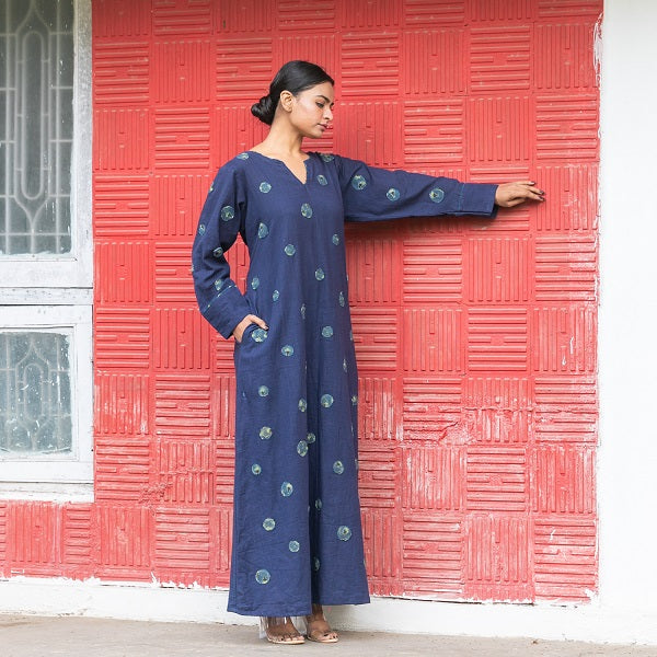 Indigo Blue Ajrakh Embroidery Kaftan Style Nighty  - thesaffronsaga