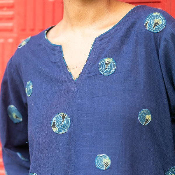 Indigo Blue Ajrakh Embroidery Kaftan Style Nighty  - thesaffronsaga
