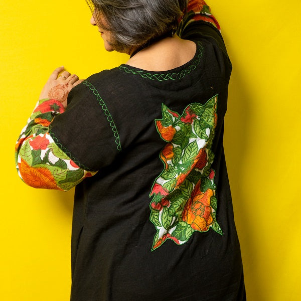Black Embroidered Floral Nighty Dress  - thesaffronsaga