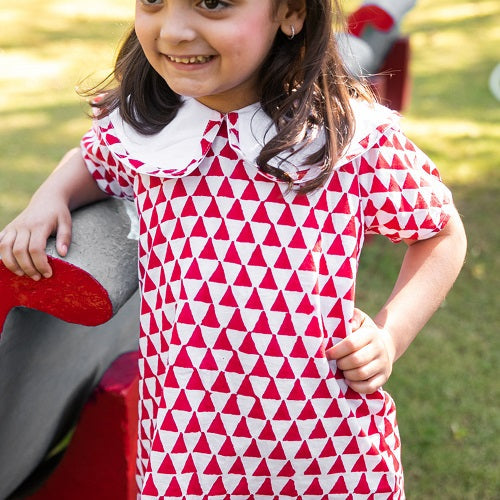 Girl's White & Red Triangle A-Line Dress  - thesaffronsaga
