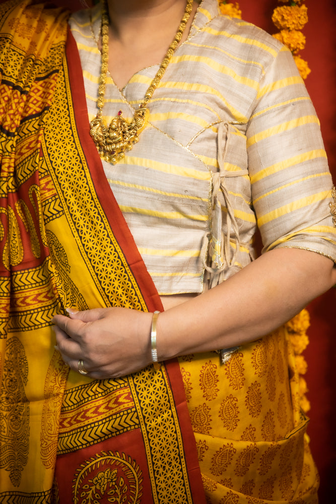 Yellow Stripes Tussar Silk Hand Embroidered Blouse  - thesaffronsaga