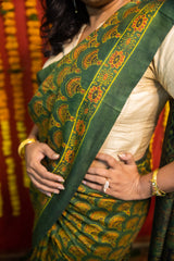 Harsha - Green Ajrakh Mulberry Silk Handloom Saree  - thesaffronsaga
