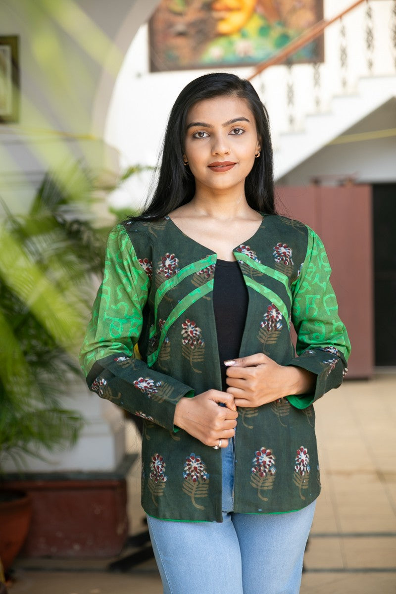 Green Nandana Print Cotton Short Jacket  - thesaffronsaga