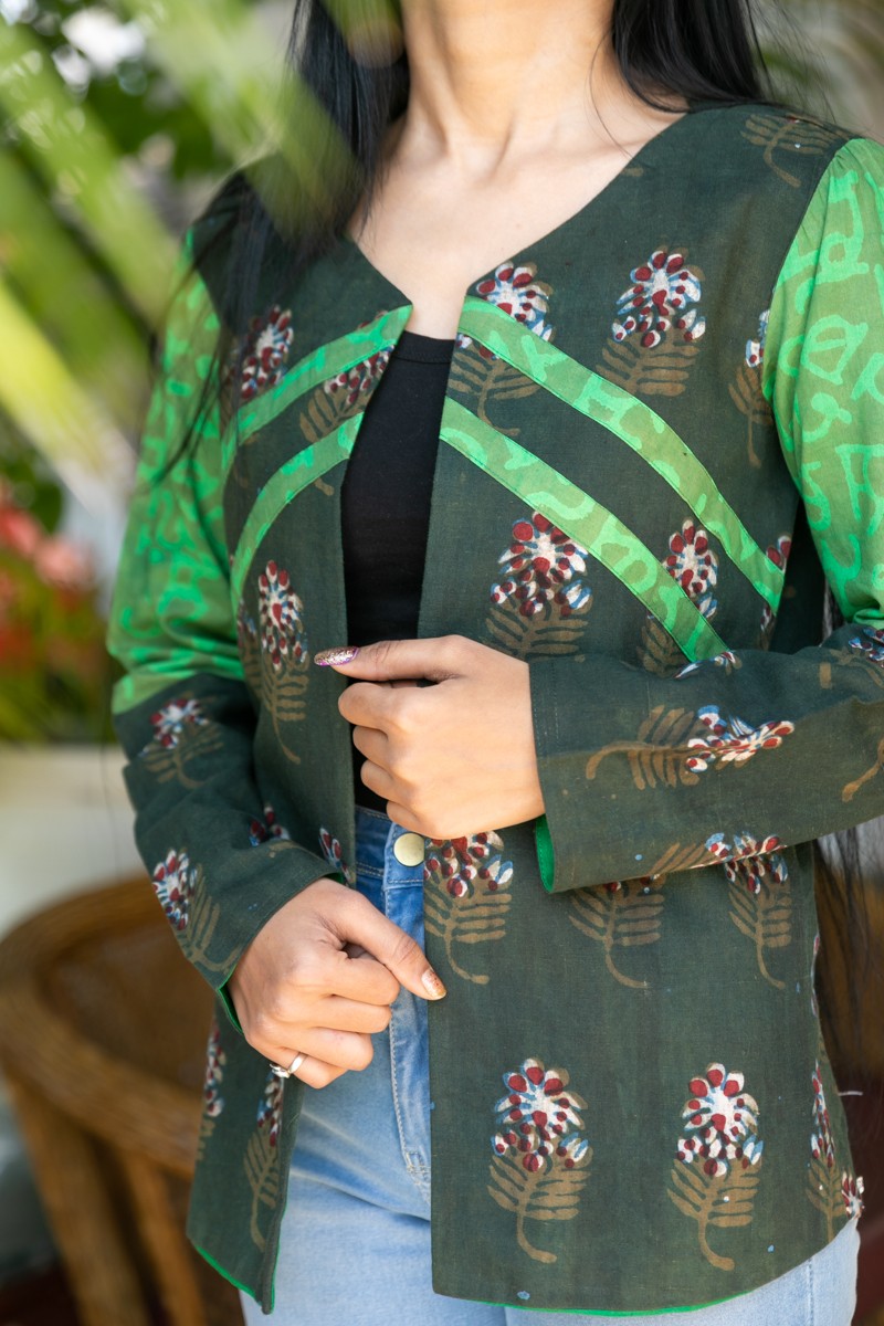 Green Nandana Print Cotton Short Jacket  - thesaffronsaga