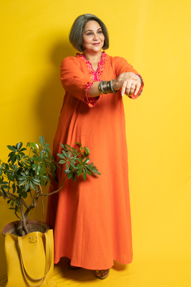 Orange Embroidered Long Sleeves Cotton Nighty Kaftan  - thesaffronsaga