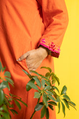 Orange Embroidered Long Sleeves Cotton Nighty Kaftan  - thesaffronsaga