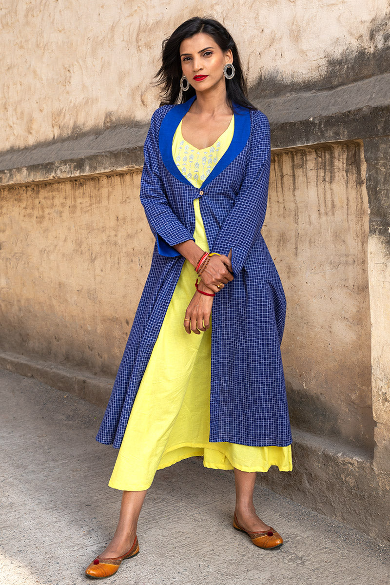 Blue Yellow Layered Khadi Dress  - thesaffronsaga