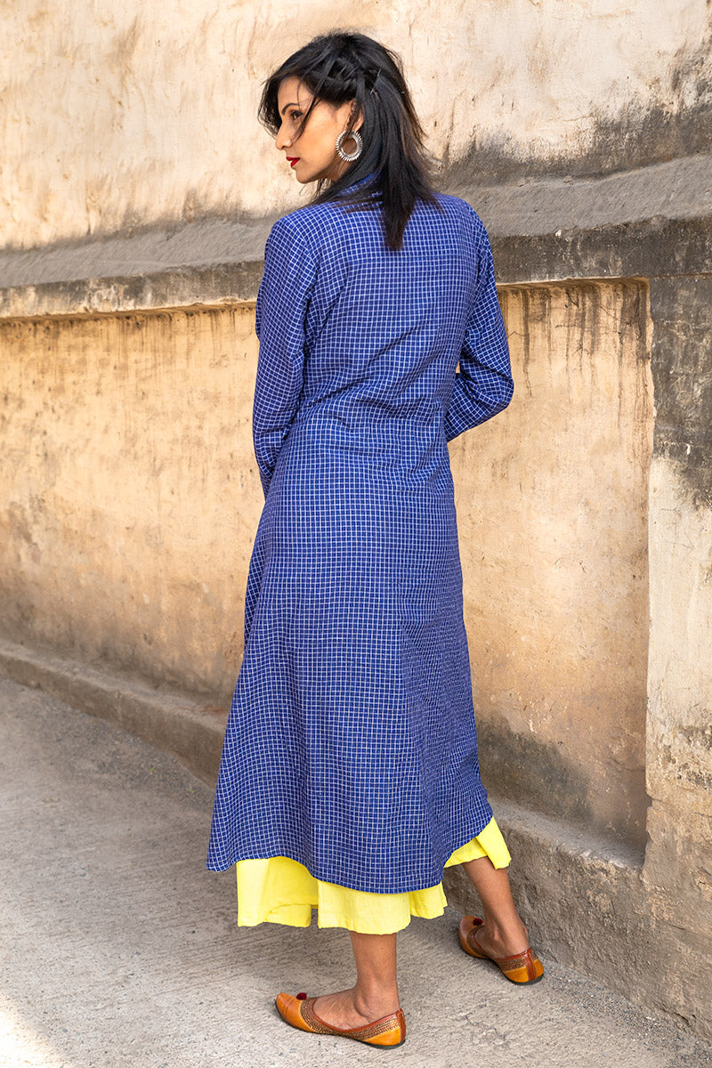 Blue Yellow Layered Khadi Dress  - thesaffronsaga