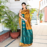 Kuntal - Mustard Rama Green Dupion Silk Handloom Saree  - thesaffronsaga