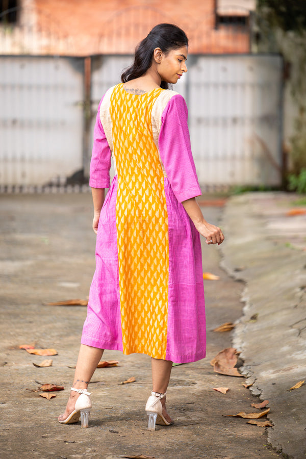 Priyamvada - Pink Orange Ikkat Cotton Dress  - thesaffronsaga