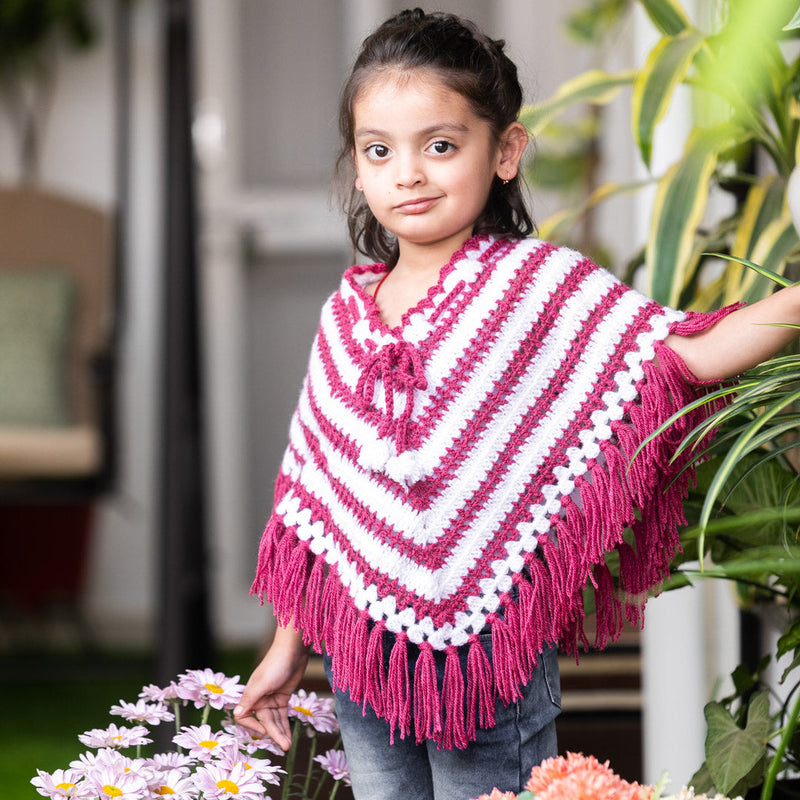 Infant's burgundy & white hand-knitted woollen poncho  - thesaffronsaga